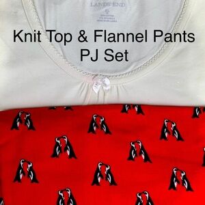 LANDSEND WOMENS PJ SET Knit Tee Shirt Top & Cotton Flannel Pants